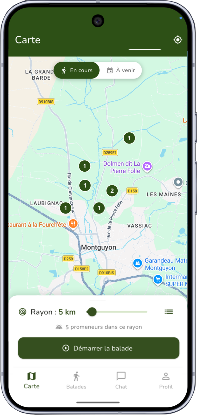 Carte temps réel avec plusieurs promeneurs de chiens à proximité